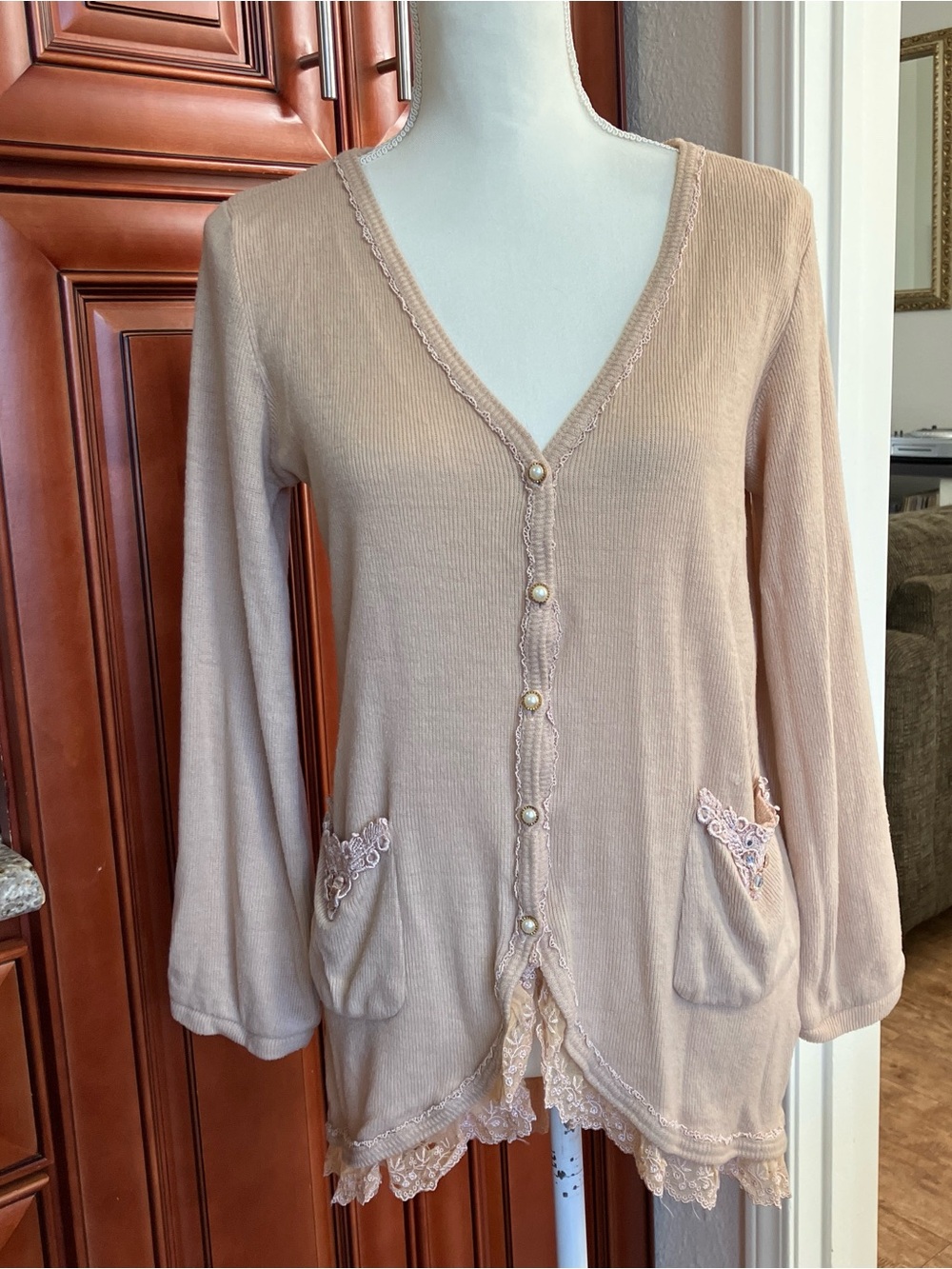 Axes Femme tan lace cardigan with pearl buttons. Size:M